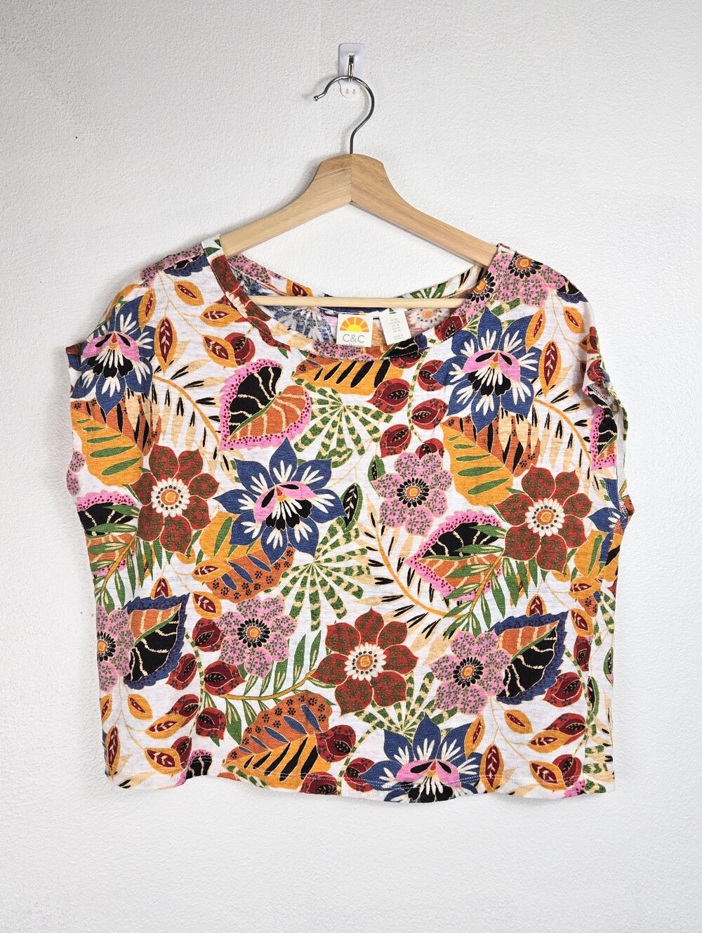 C&C California 100% Linen Tropical Floral Tunic Top Cropped Soft Size Medium
